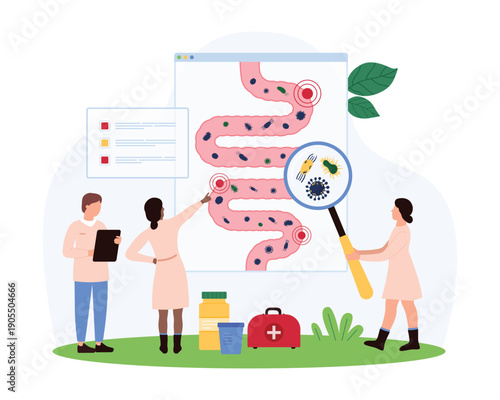Medical professionals examining unhealthy gut bacteria and digestive problems with magnifying glass, highlighting bad flora and intestinal health issues, isolated on white vector illustration