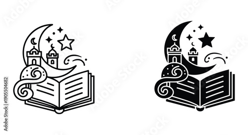 Open book with crescent moon and stars Islamic Ramadan lantern vector illustration night scene