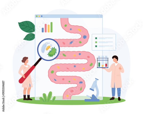 Researchers analyze healthy gut bacteria and digestive system microbiome for wellness, probiotics, and medical science on an isolated white background vector illustration