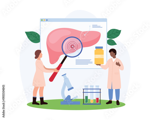 Medical professionals studying liver function, medicine, and research with microscope and test tubes, perfect for healthcare, liver disease, and pharmaceutical topics, isolated vector illustration