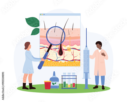 Medical professionals examining skin and hair layers with magnifier, syringe, and lab equipment for dermatology, research, and treatment concepts on isolated white background vector illustration