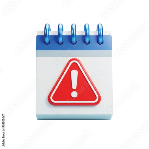 3D calendar icon with blue rings and a red alert triangle with an exclamation mark on the front, conveying urgency or a warning message.
