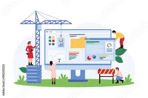 An illustration showing tiny people constructing a website. The scene features a large computer monitor displaying various charts, graphs, and folders, with miniature people using tools, a crane, and