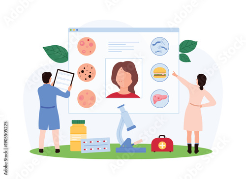 Doctors examining skin health, acne causes, and treatment options with medical tools, pills, and isolated white background for dermatology, healthcare, and wellness topics vector illustration