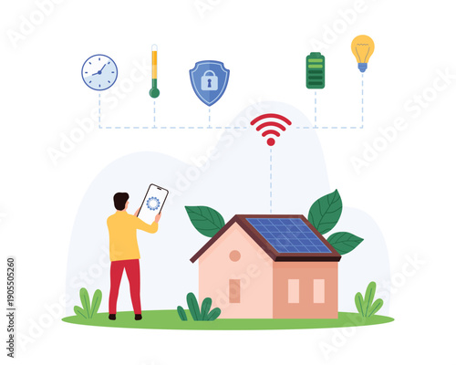 Smart home automation concept with tiny person using mobile device to control eco-friendly house, solar panels, security, energy, and lighting on isolated white background vector illustration