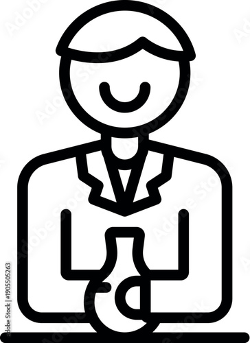 Smiling chemist holding flask, conducting a laboratory experiment, science and research concept, simple black and white icon
