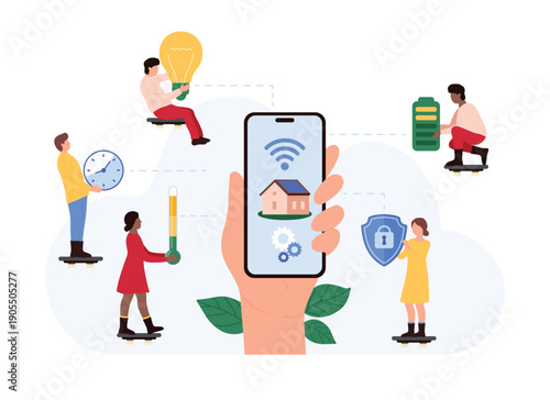 Smart home automation concept with tiny people controlling security, energy, and devices using a mobile phone on isolated white background for technology and innovation vector illustration