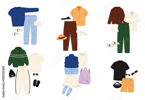 Fashion mens outfit set. Summer and spring casual clothes and shoes, accessories of young man bundle collection, sneakers and sportswear with backpack, shirt and pants cartoon vector illustration
