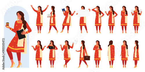 Poses and gestures of modern Indian woman set. Young beautiful lady wearing Salwar Kameez and high heels, girl holding office document and coffee, laptop and book to work cartoon vector illustration
