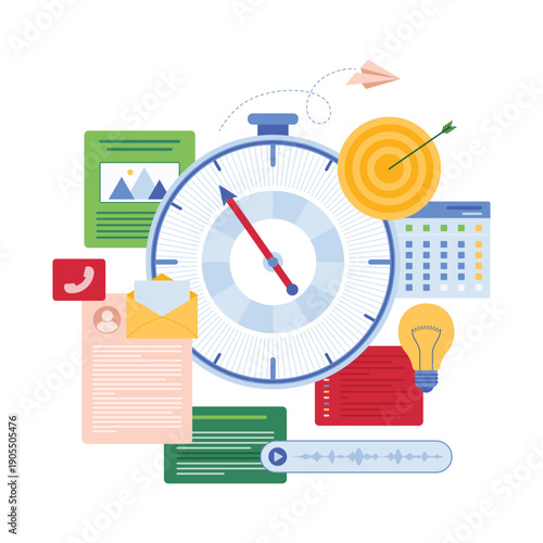 Vector illustration of tiny people organizing time with clocks, schedules, and target symbols, emphasizing time management, productivity, and efficient planning in personal and professional life.