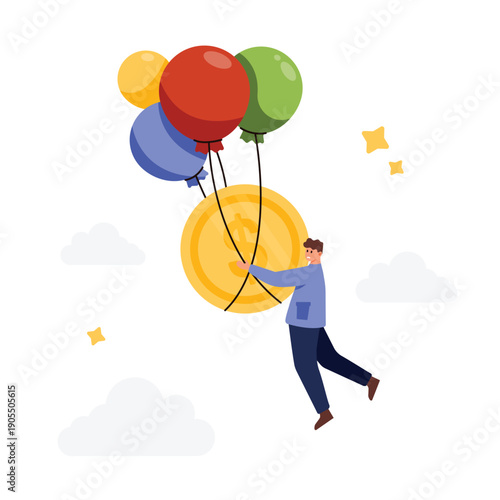 Economic crisis, inflation, speculation and risk of prices increase for consumer. Tiny man with fear flying on air balloons, businessman holding big gold dollar coin cartoon vector illustration