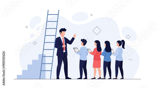 Businessman leading team up ladder for success, career growth concept