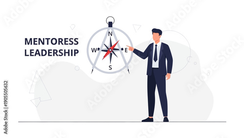 Mentorship leadership concept with businessman pointing at compass, guiding direction