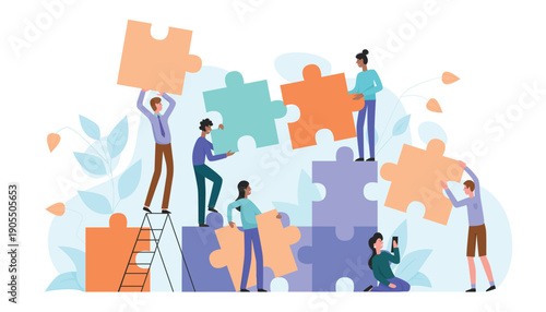 Vector illustration of individuals working together to solve a puzzle, emphasizing cooperation, collaboration, and shared goals in achieving collective success.