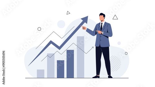 Businessman pointing at rising stock market graph and arrow, financial growth concept