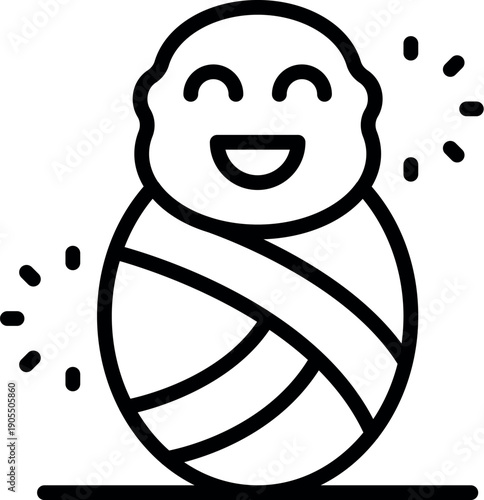 Swaddled newborn baby laughing and shining, simple line art icon representing childcare and infancy
