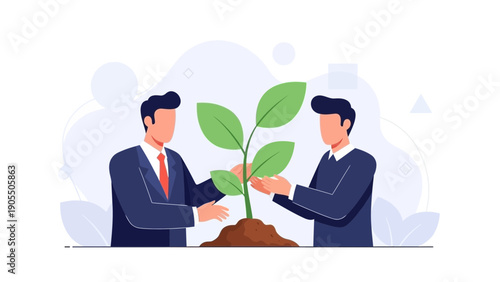 Business Growth Concept: Two businessmen nurturing a growing plant symbolizing success and investment.