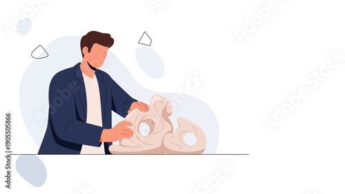 Artist sculpting abstract clay figure, creative process, studio workspace