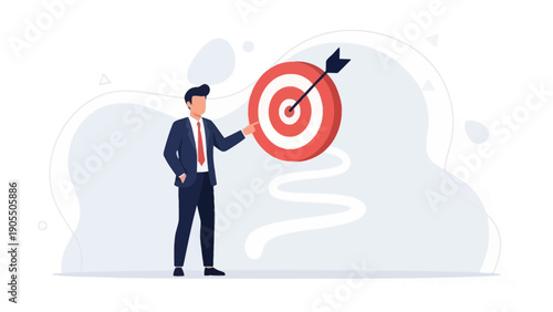 Businessman hitting target with arrow, business success, strategy, goal achievement concept