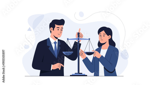 Lawyer Couple Balancing Scales of Justice, Legal Concept Illustration