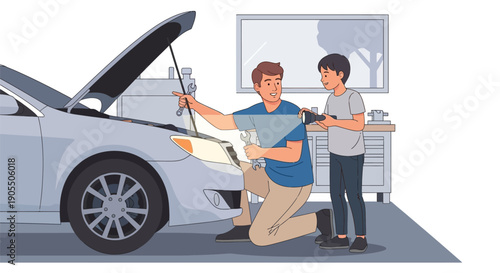 Two mechanics inspecting a car engine.