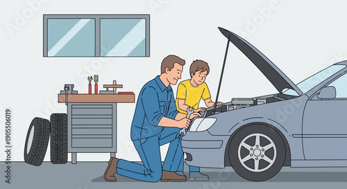 Mechanic and assistant working on car.