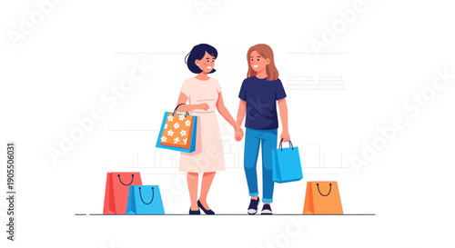 Two women holding hands with shopping bags.