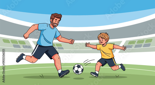 Man and boy playing soccer together.
