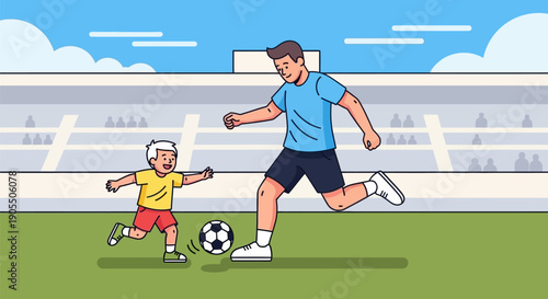 Man and boy playing soccer together outdoors.