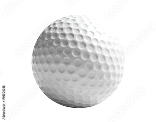 Close-up image of a white golf ball isolated on a white background, showing its dimpled surface texture, suggesting precision and focus.