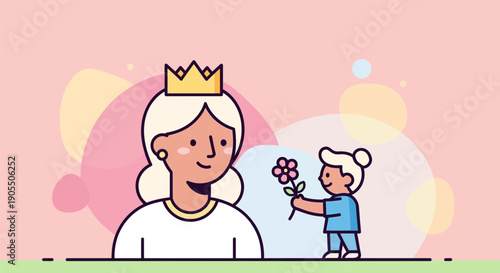A cartoon illustration of a child giving flowers to a smiling woman wearing a crown.