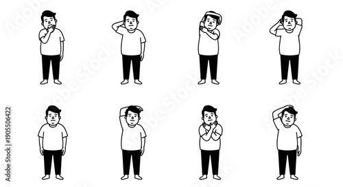 Set of eight hand-drawn illustrations depicting a man experiencing various aches and pains.