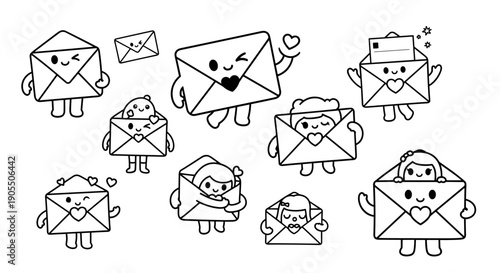Collection of cute cartoon envelopes with faces and tiny people inside.