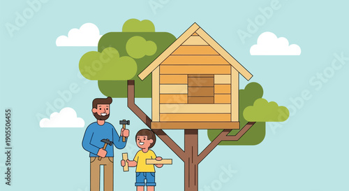 Father and son building treehouse together outdoors.