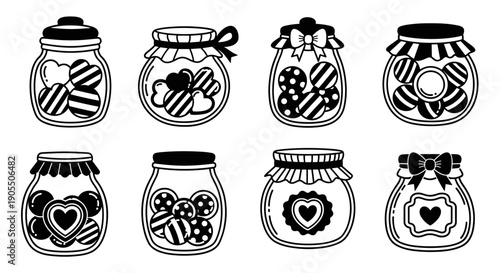 Collection of Hand-Drawn Jars Filled with Candies and Sweets.