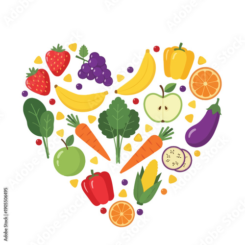 Heart Shape Composed of Fresh Fruits and Vegetables Symbolizing Healthy Eating and Nutrition