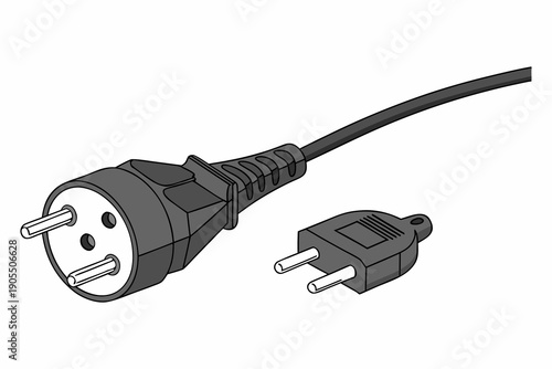 Electric socket with a plug in black color. Electric plug and outlet socket unplugged. Connection and disconnection concept with wire, cable on White Background.