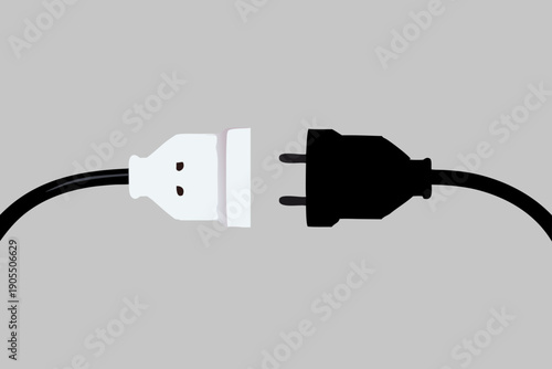 Electric socket with a plug in black color. Electric plug and outlet socket unplugged. Connection and disconnection concept with wire, cable on White Background.