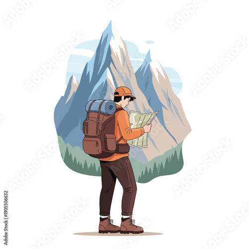 An adventurous hiker consults a map amidst a stunning mountain landscape, guiding their challenging trek through the vast wilderness for an unforgettable exploration