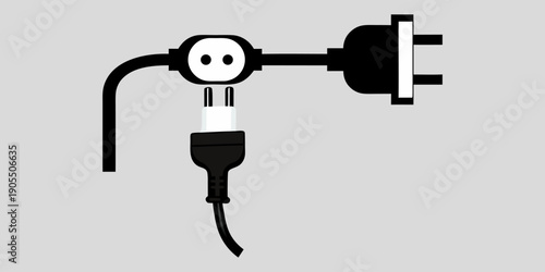 Electric socket with a plug in black color. Electric plug and outlet socket unplugged. Connection and disconnection concept with wire, cable on White Background.
