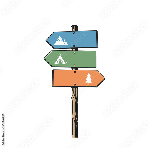 Wooden signpost with three directional arrows pointing to different outdoor activities like hiking, camping, and forest exploration