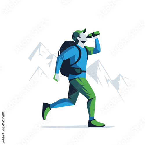 Energetic outdoor enthusiast taking a refreshing drink while engaging in a challenging mountain trail run or hike, symbolizing vitality and exploration