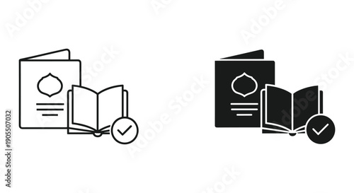 Minimalist Line Art Book Icons with Checkmarks in Black and White