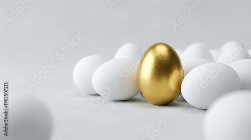 Golden egg rests in midst of several white eggs on clean grey surface. Bright light enhances shine of golden egg. Concept of special events, surprises, celebration