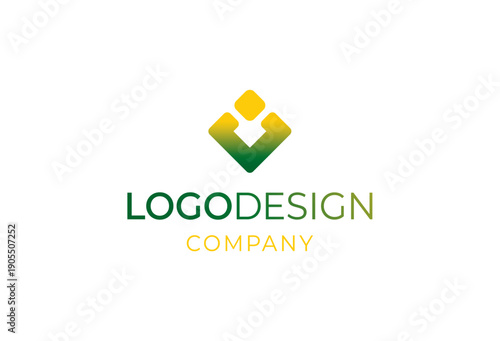 Minimalist and dynamic conceptual logo design with a distinct geometric symbol in a striking green and gold gradient, conveying forward momentum and corporate excellence