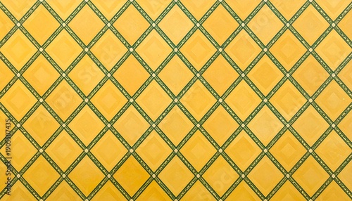 Golden yellow background featuring a green diamond grid pattern with small diamond accents at the intersections