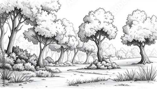 Grayscale drawing of a forest scene, featuring trees and vegetation in a natural setting