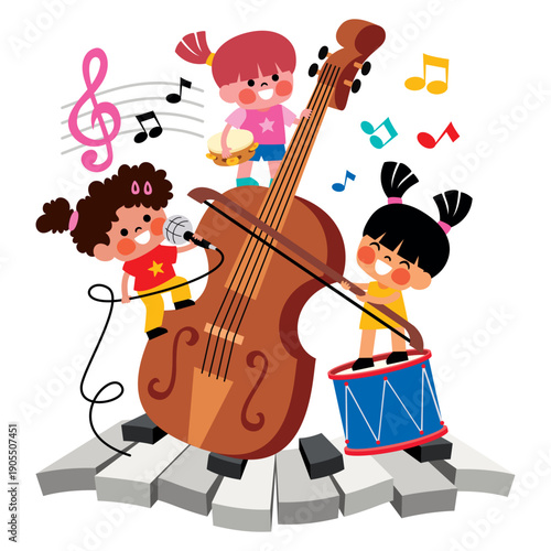 Little Cartoon Kids Playing Music