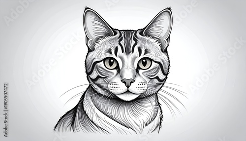 Grayscale drawing of a tabby cat head. Fine lines denote fur details, with a soft gradient background behind it