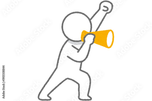 A person shouting loudly into a megaphone with a raised fist in a dynamic pose.